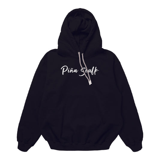 Hoodie frontal de Piña Soulk en color negro, diseñado para amantes del skate, ciclismo y surf con un estilo urbano y aventurero